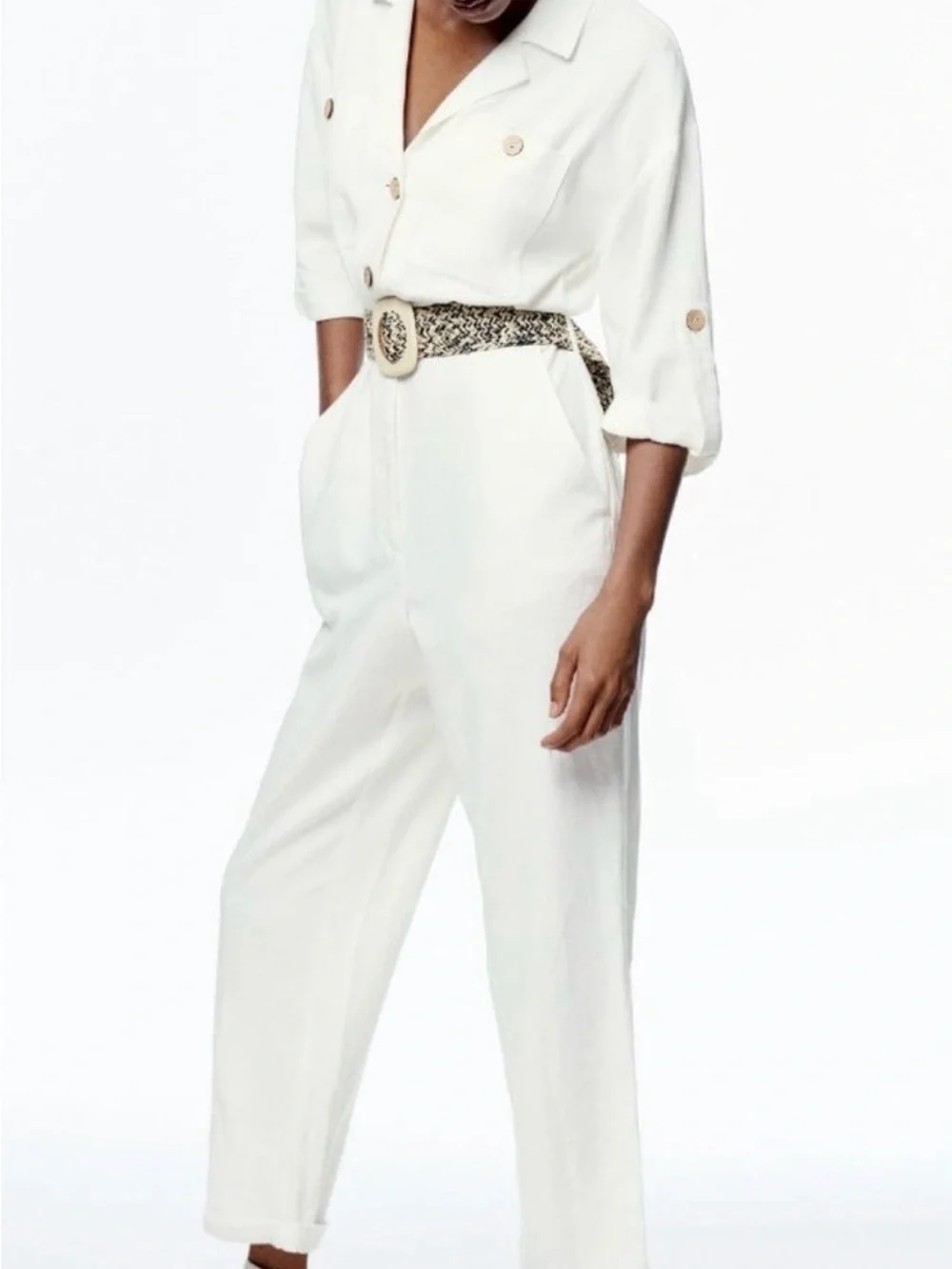 Zara Cream Linen- Blend Utility Jumpsuit with Statement Belt
